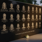 A polished black memorial wall engraved with portraits and names of various people, each with titles such as physicists, statesmen, astronauts, sports icons, and activists. At the bottom, the inscription reads ‘Remembers the Legends Who Shaped Our World.’ A single white lily lies at the base of the wall.