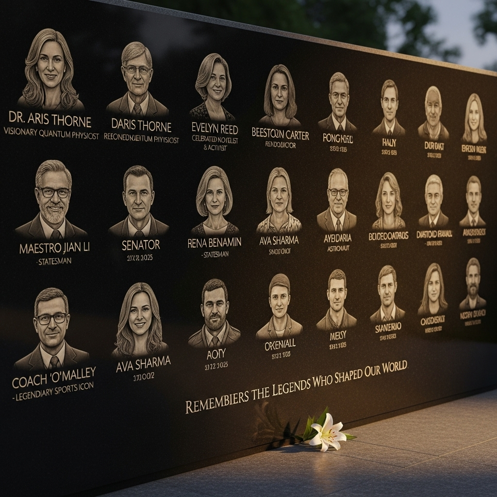 A polished black memorial wall engraved with portraits and names of various people, each with titles such as physicists, statesmen, astronauts, sports icons, and activists. At the bottom, the inscription reads ‘Remembers the Legends Who Shaped Our World.’ A single white lily lies at the base of the wall.