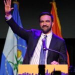 New York City Mayor-elect Zohran Mamdani celebrates his win at the Brooklyn Paramount Theater in Brooklyn, New York on November 4, 2025.
