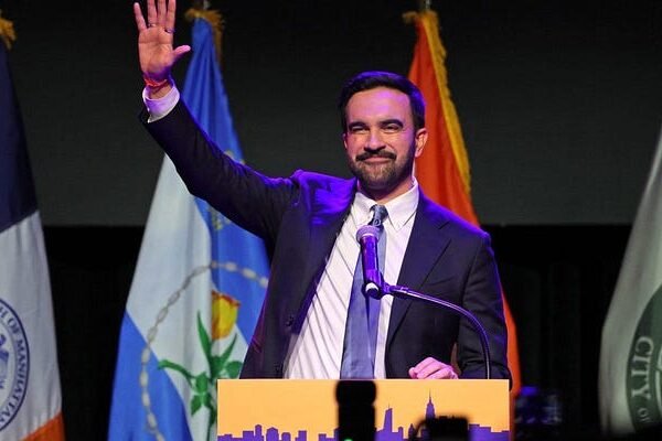 New York City Mayor-elect Zohran Mamdani celebrates his win at the Brooklyn Paramount Theater in Brooklyn, New York on November 4, 2025.
