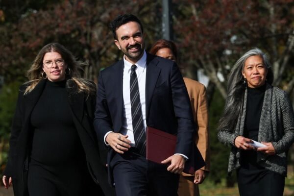New York City mayor-elect Zohran Mamdani arrives for a a news conference alongside members of his mayoral transition team in New York City on November 5.