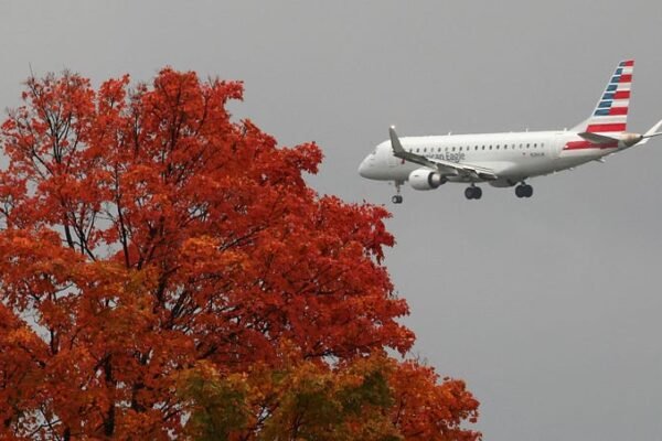 An airliner, making it's approach, flies past a tree in full autumn color, as flight delays surge from the government shutdown which entered its 30th day, in Washington, D.C., U.S., October 30, 2025