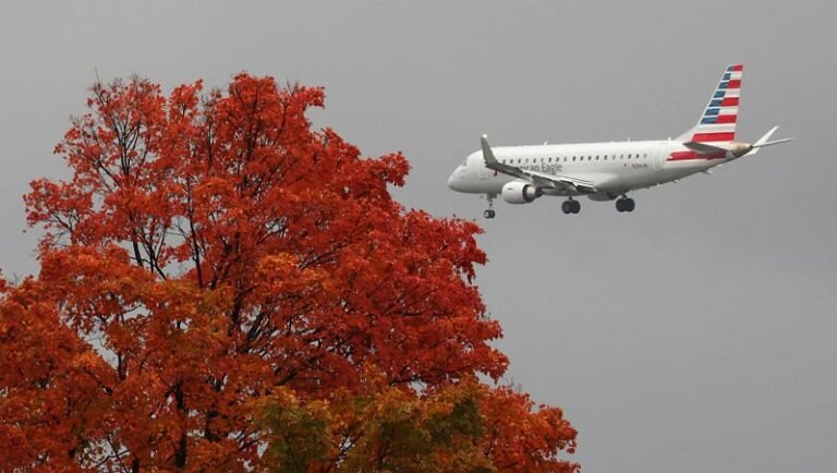 An airliner, making it's approach, flies past a tree in full autumn color, as flight delays surge from the government shutdown which entered its 30th day, in Washington, D.C., U.S., October 30, 2025